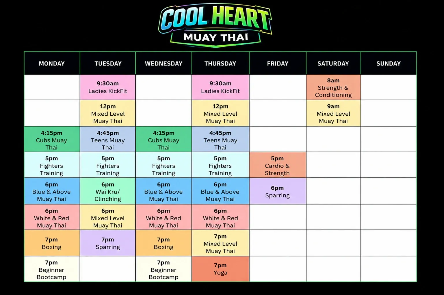 Cool Heart Muay Thai weekly class timetable, Monday to Sunday